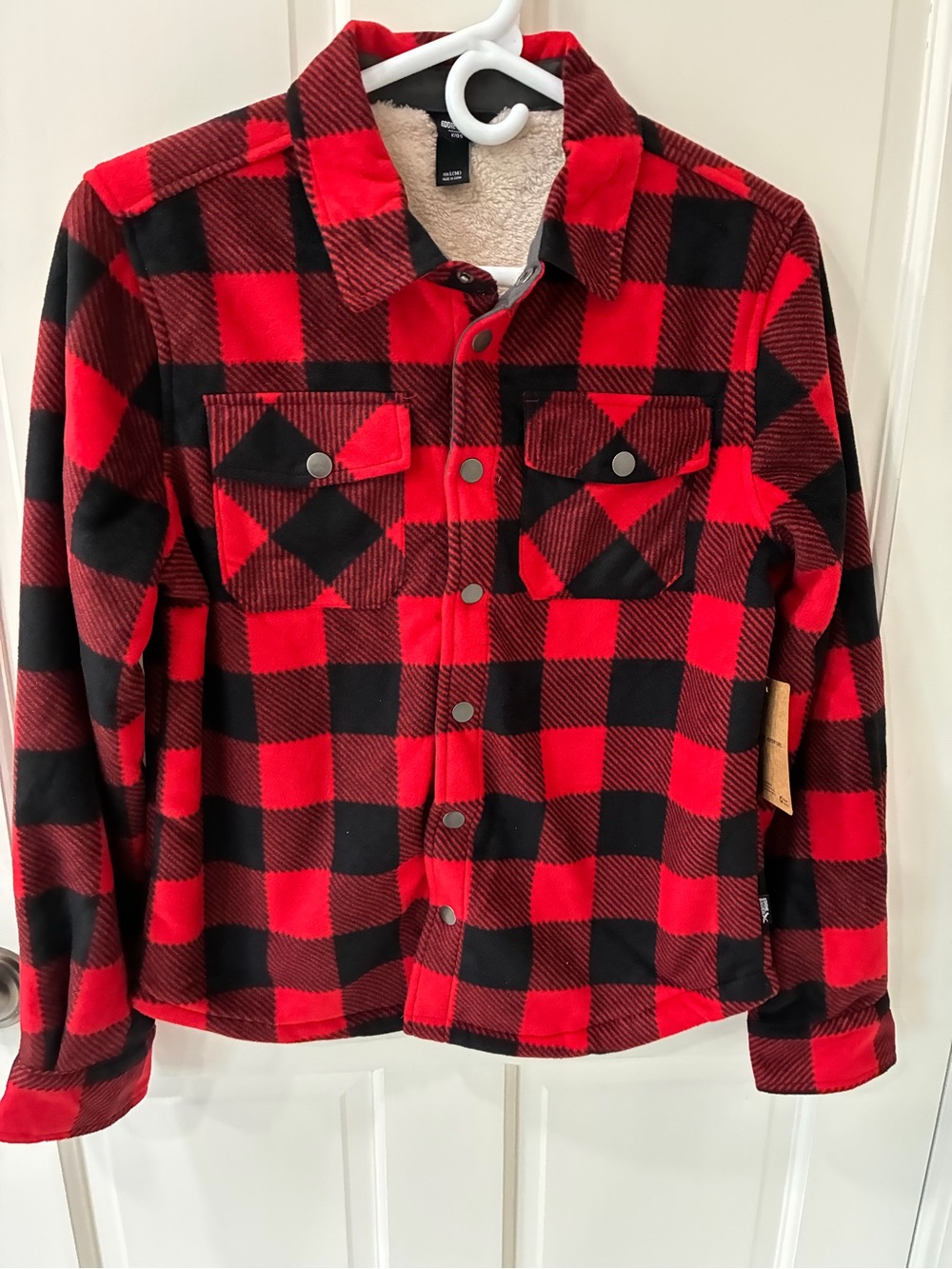 Eddie Bauer Red and Black Buffalo Plaid Sherpa-Lined Button-Front Jacket